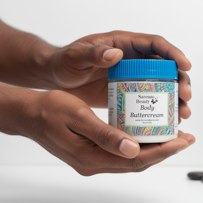 Black man holding buttercream jar