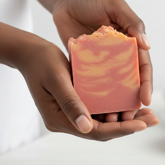 Black woman holding cherry colada soap