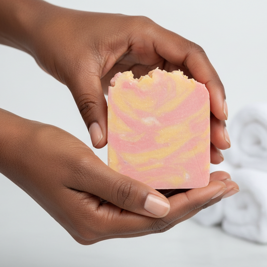 Black woman holding citrus fizz soap