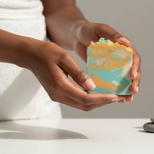 Black woman holding coconut coral soap