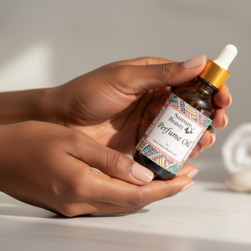 Black woman holding perfume oil bottle at angle