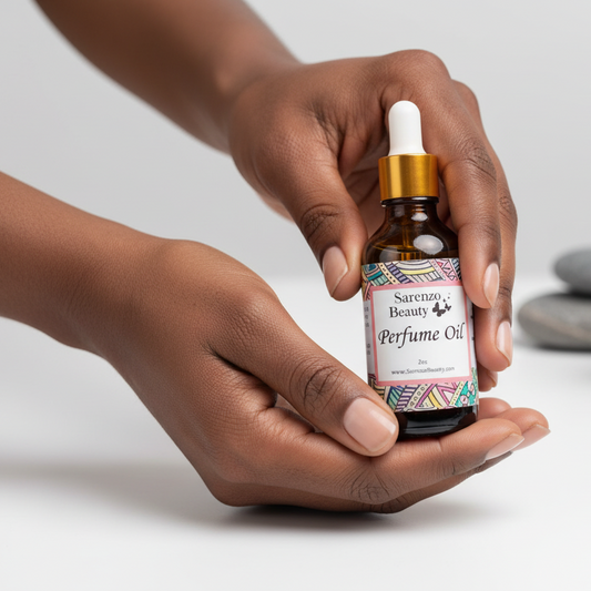 Black woman holding perfume oil bottle