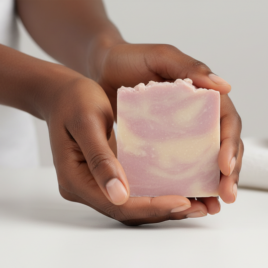 Black woman holding raspberry white wine soap