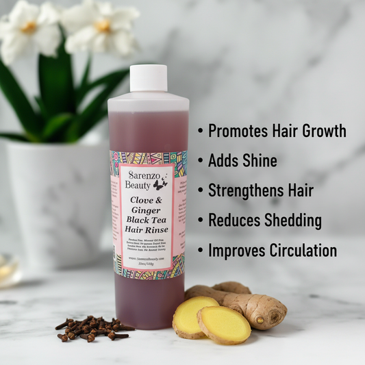 Clove & Ginger Hair Rinse with correctly spelled benefits