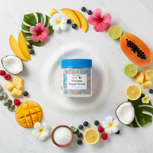 Fruity sugar scrub ingredients flat lay