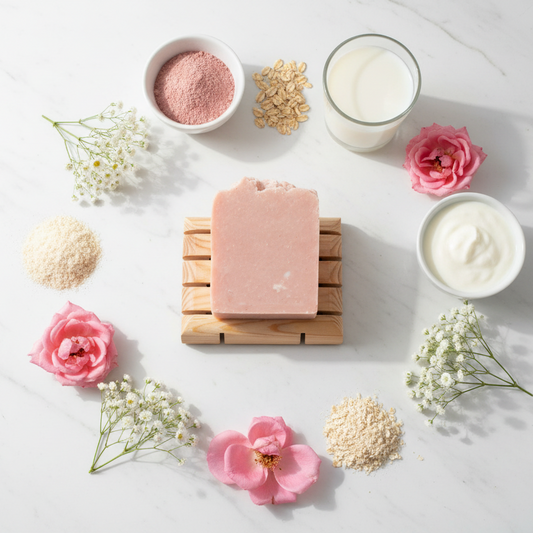 Pink soap ingredients flat lay