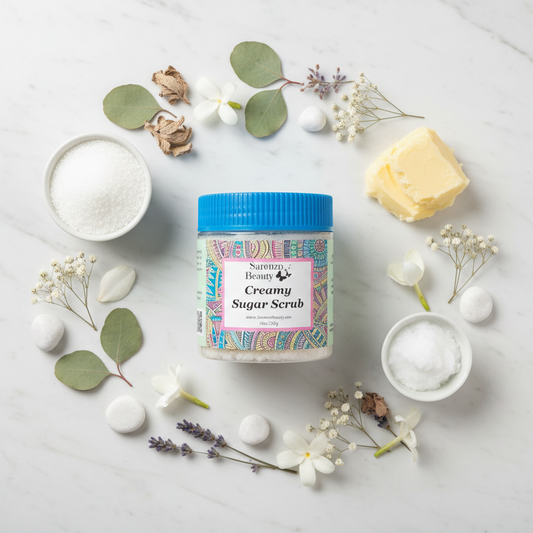 Unscented sugar scrub ingredients flat lay