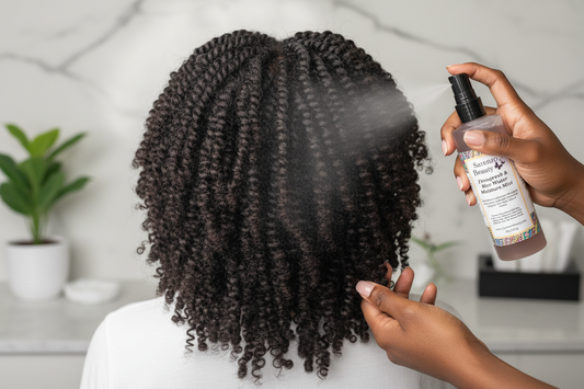 Back view of hair mist being applied to twist out hairstyle