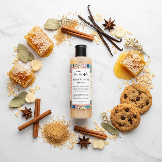 Bakery body cleansing honey ingredients flat lay