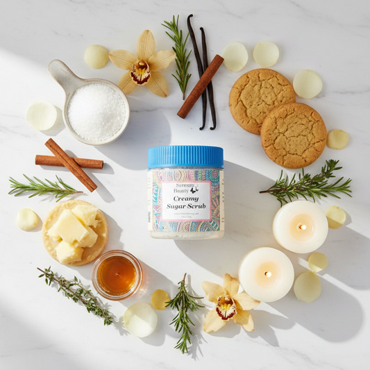 Bakery vanilla ingredients flat lay with white sugar