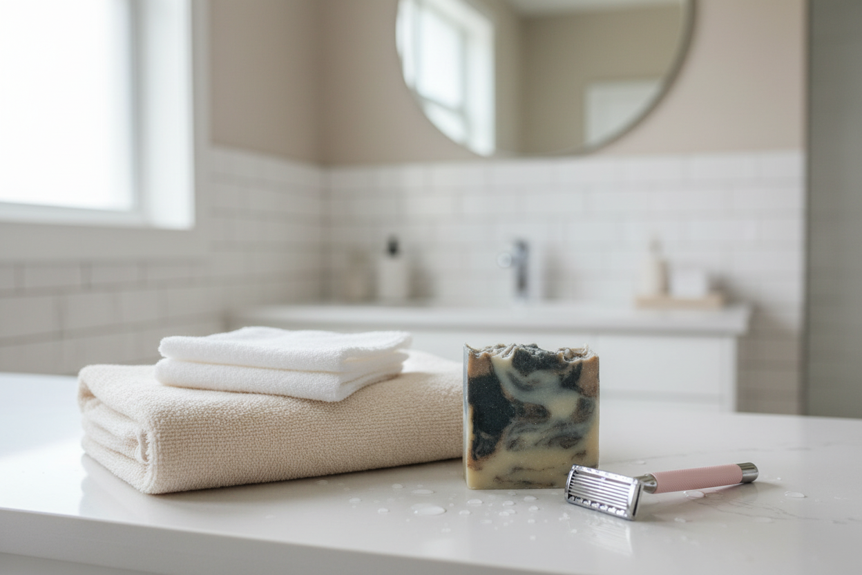 Bathroom Counter - Towel, Washcloth, Lajay Swirl, Pink Razor