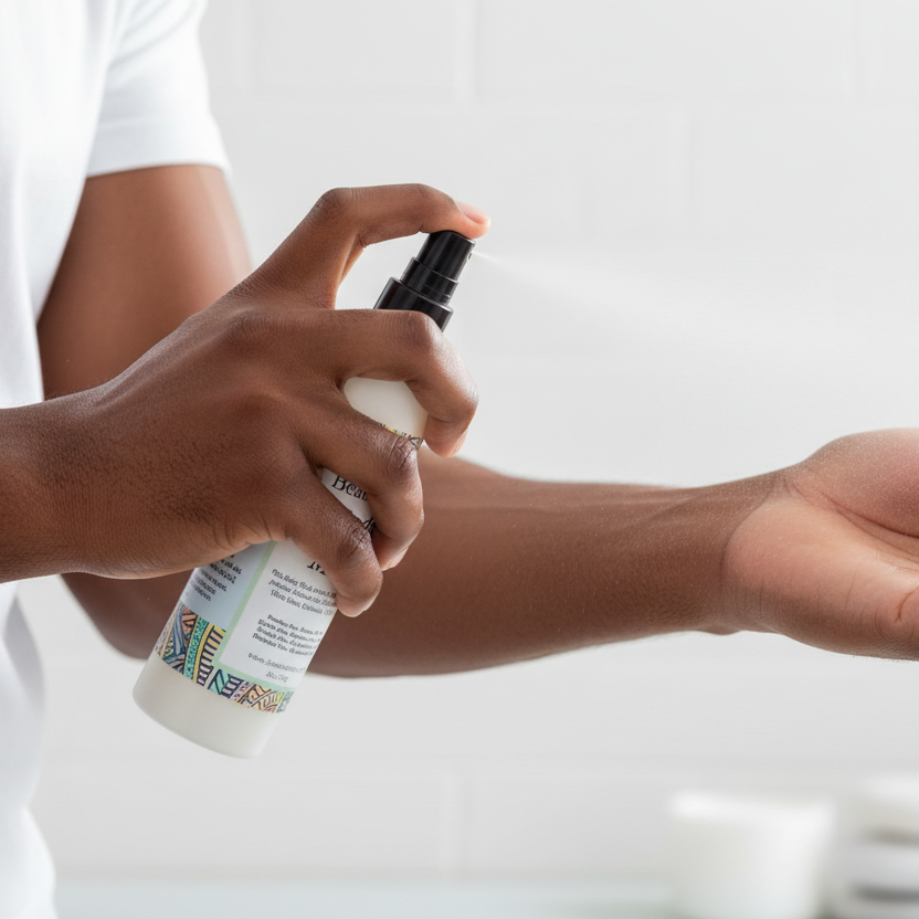 Black man applying body mist perfume