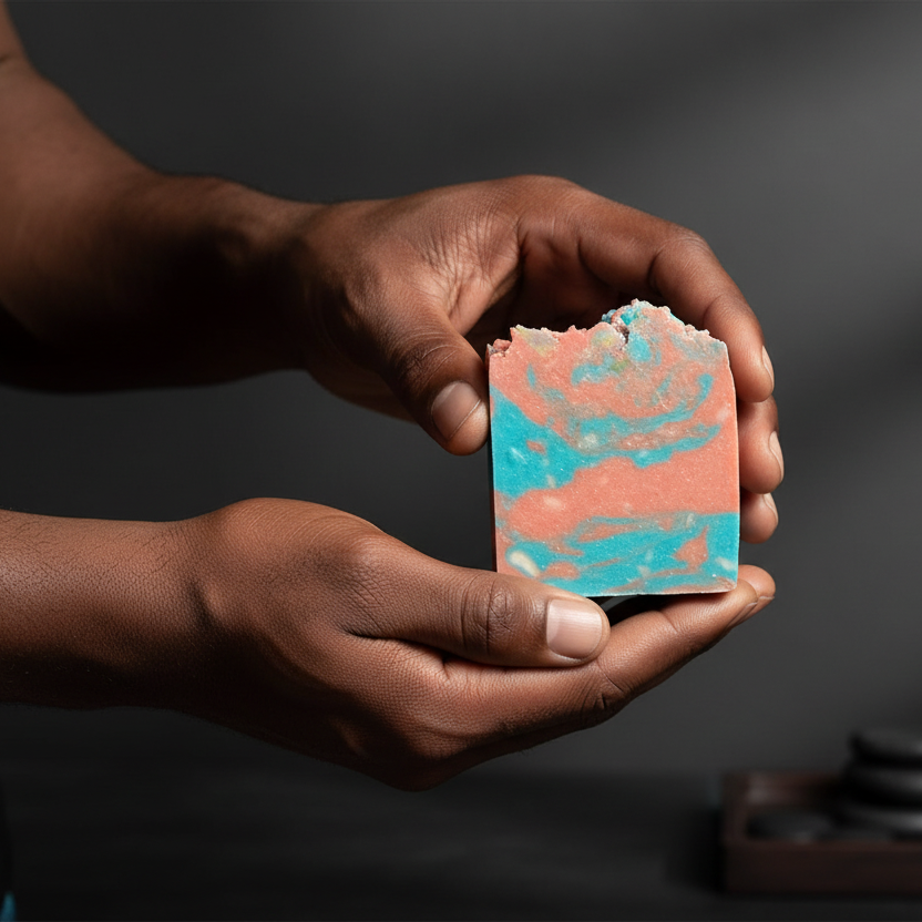 Black man holding amber rain soap