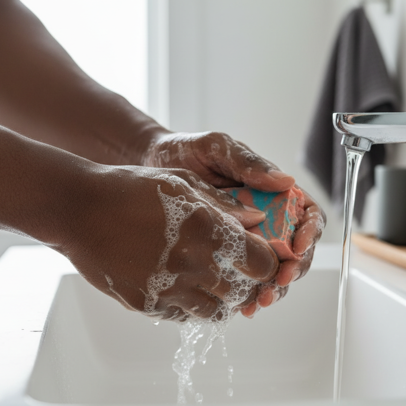 Black man washing hands with amber rain soap at sink