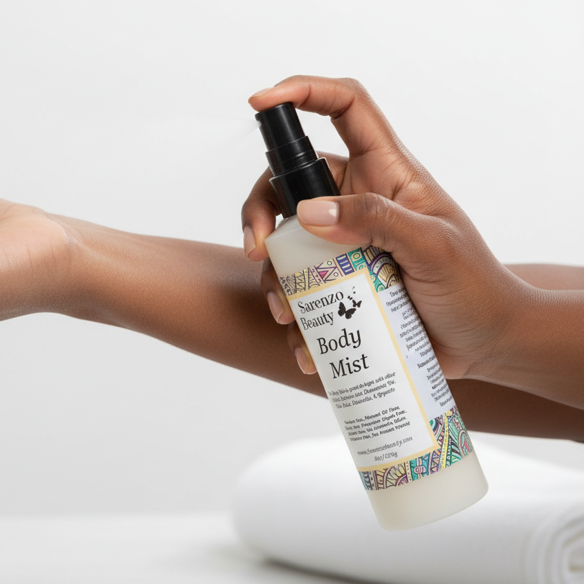 Black woman applying body mist perfume