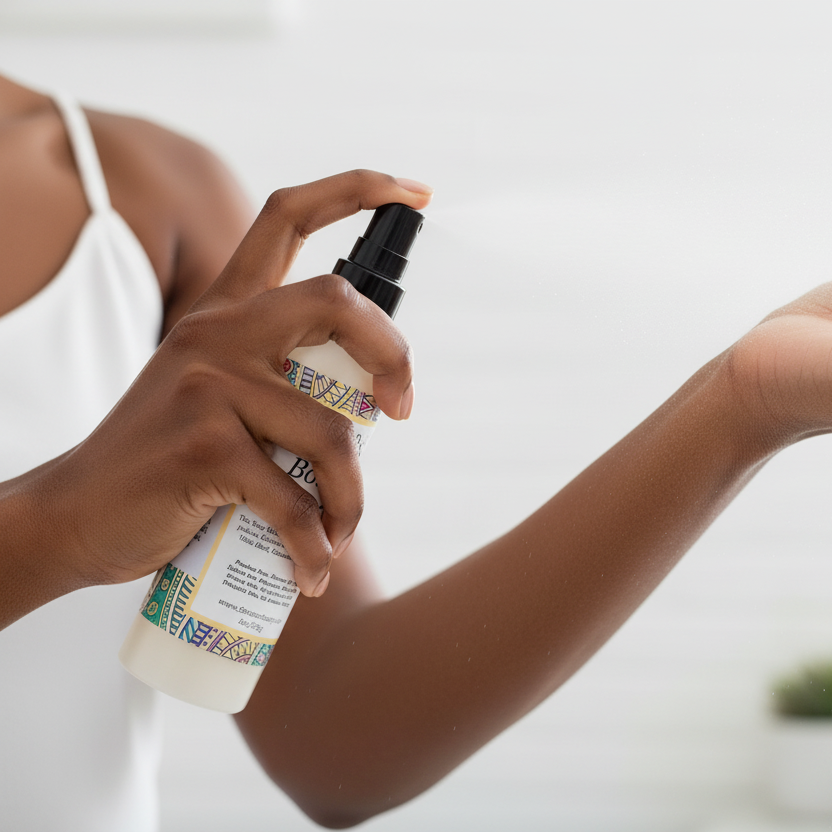 Black woman applying body mist spring