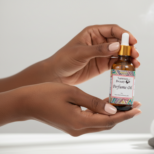 Black woman delicately holding perfume oil bottle