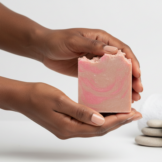 Black woman holding berry champagne soap bar