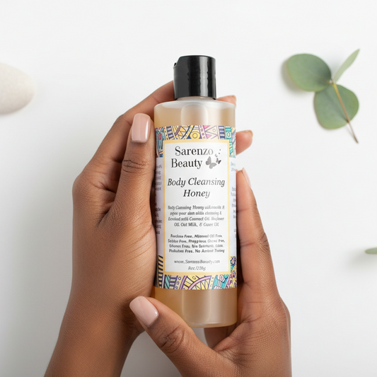 Black woman holding body cleansing honey
