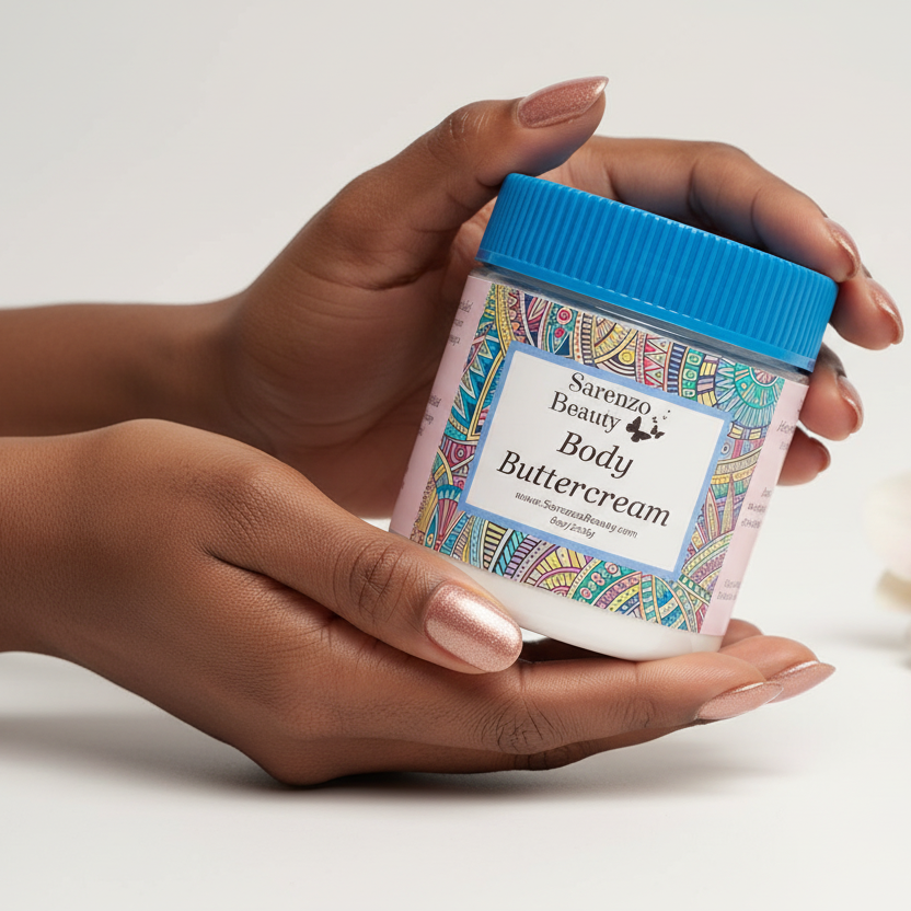 Black woman holding buttercream jar with manicured nails