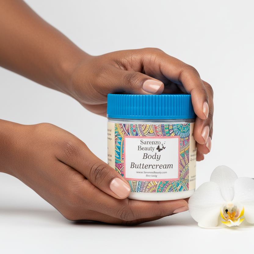 Black woman holding buttercream jar