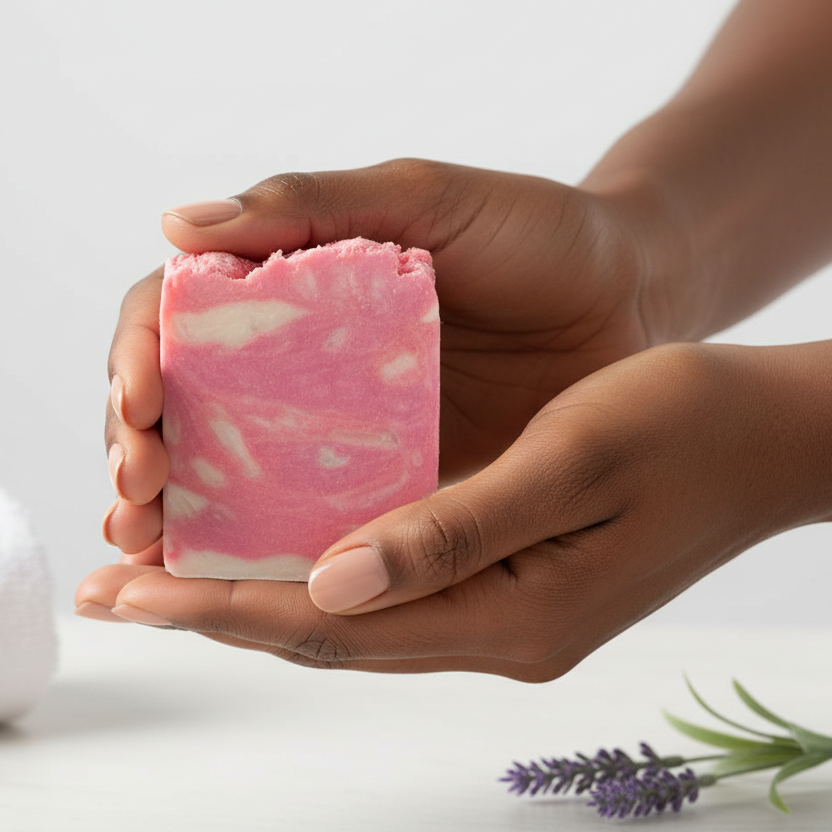 Black woman holding cherry blossom soap