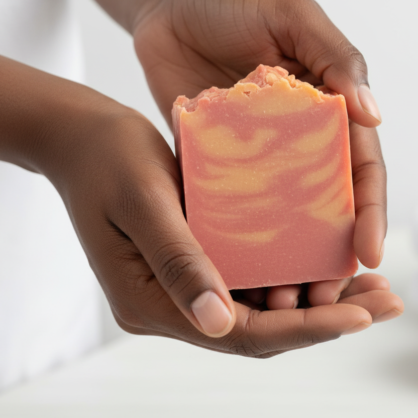 Black woman holding cherry colada soap