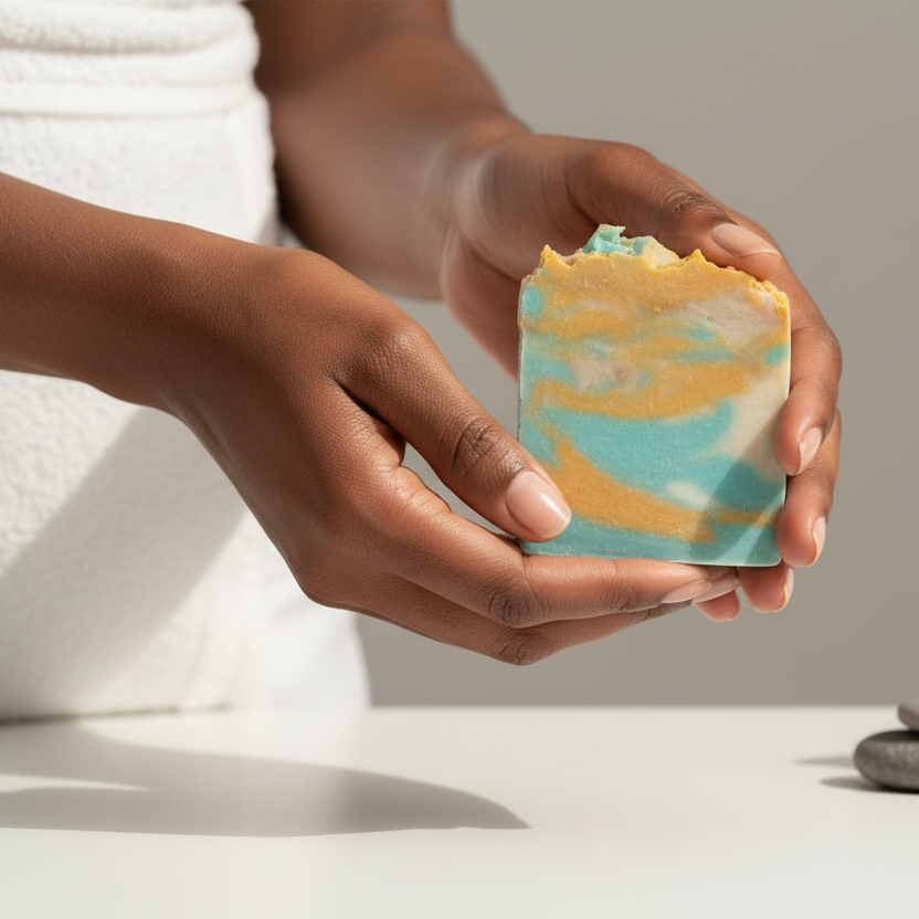Black woman holding coconut coral soap