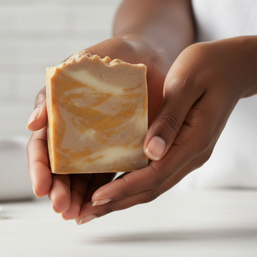 Black woman holding coconut vanilla soap