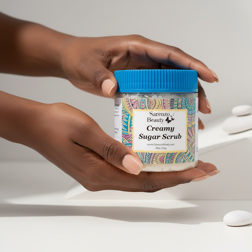 Black woman holding creamy sugar scrub