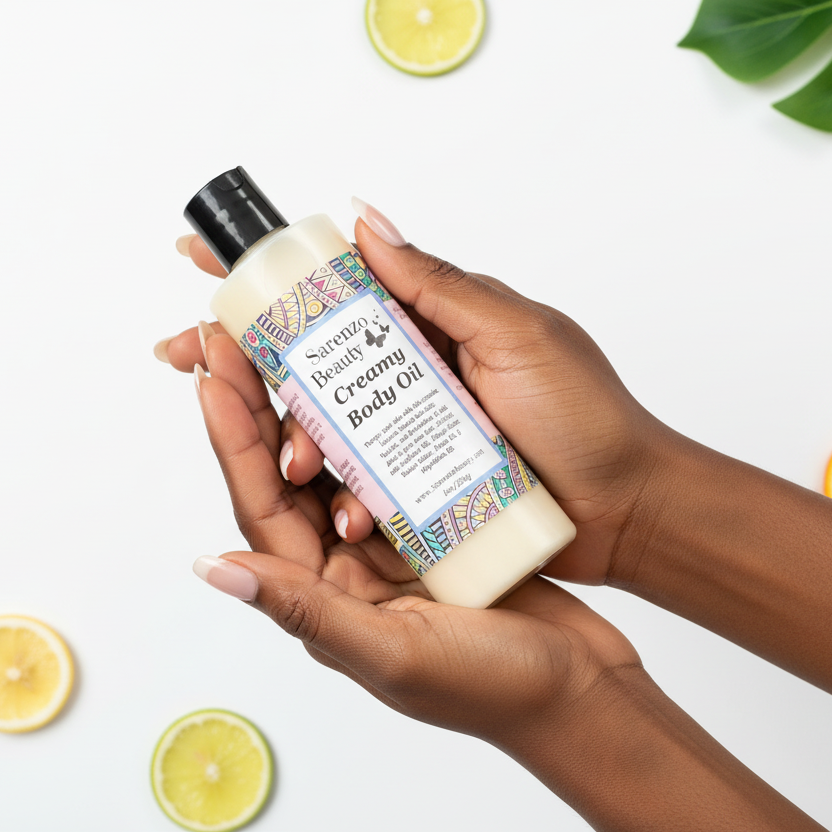 Black woman holding fruity body oil