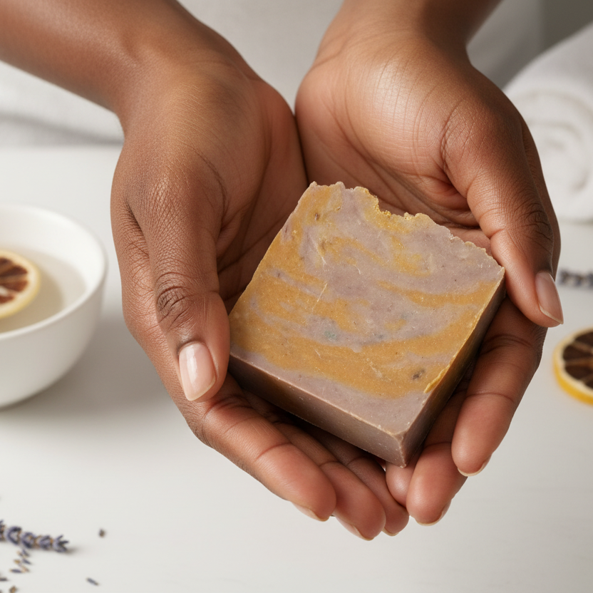 Black woman holding lemon bar soap