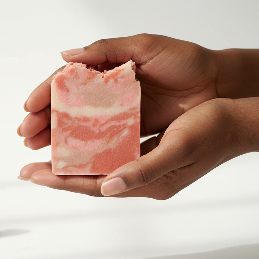 Black woman holding mahogany cherry soap