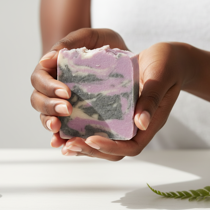 Black woman holding marbled soap