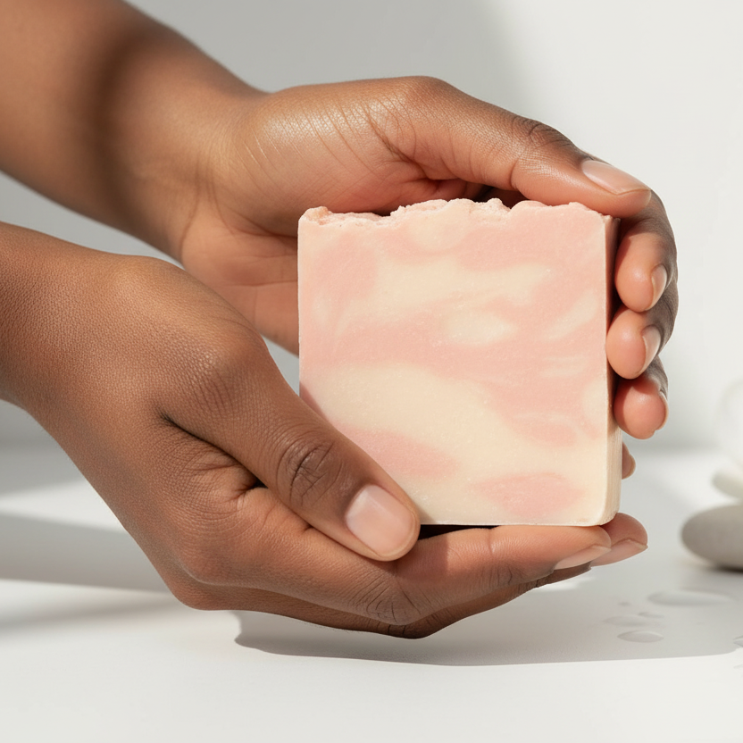 Black woman holding peach and cream soap