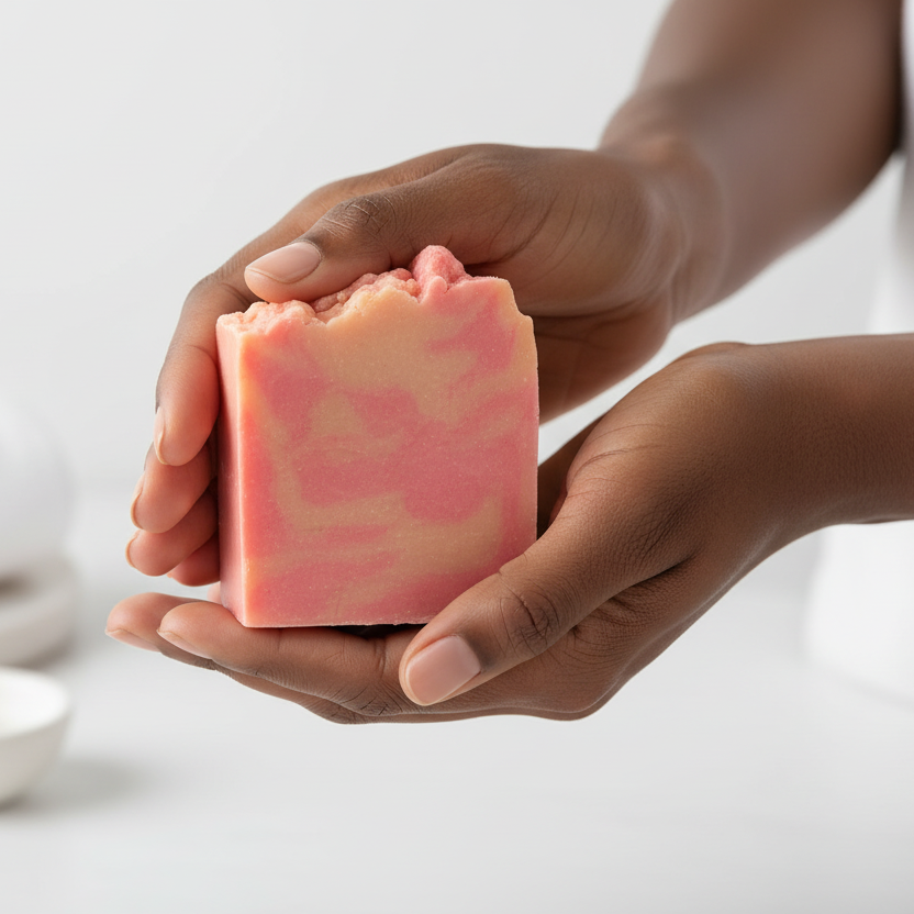 Black woman holding peach champagne soap