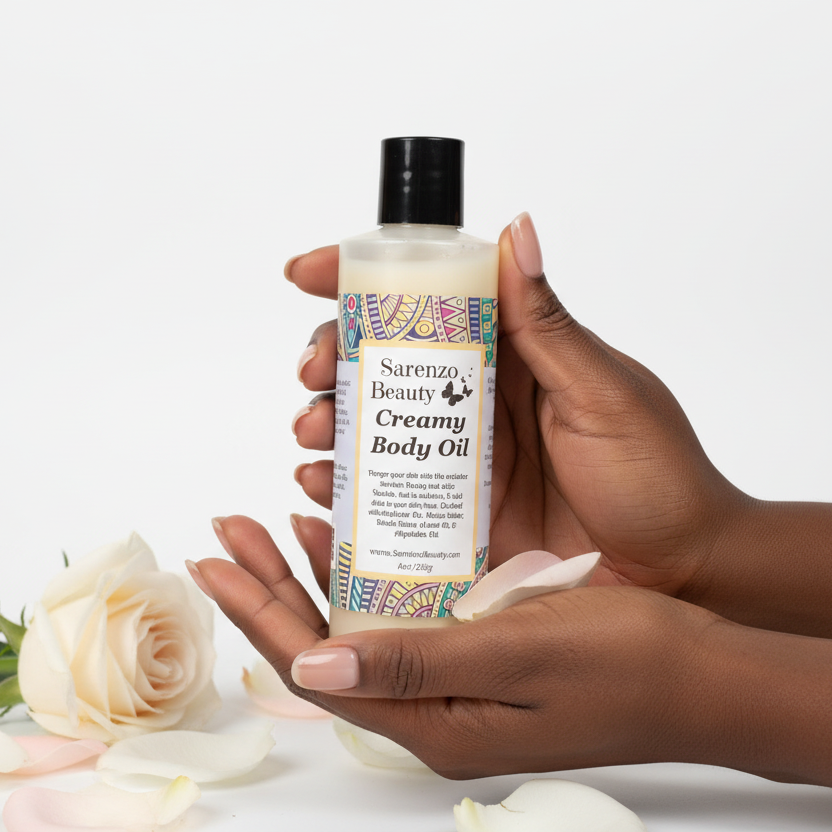 Black woman holding perfume body oil