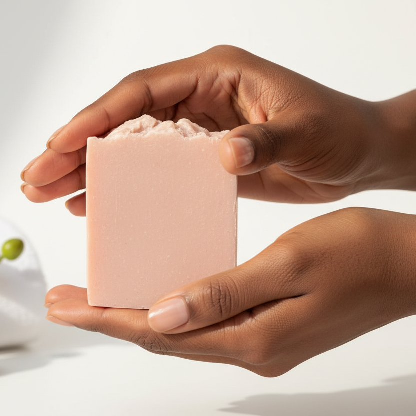 Black woman holding pink soap