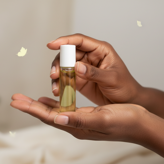 Black woman holding roller bottle neutral background