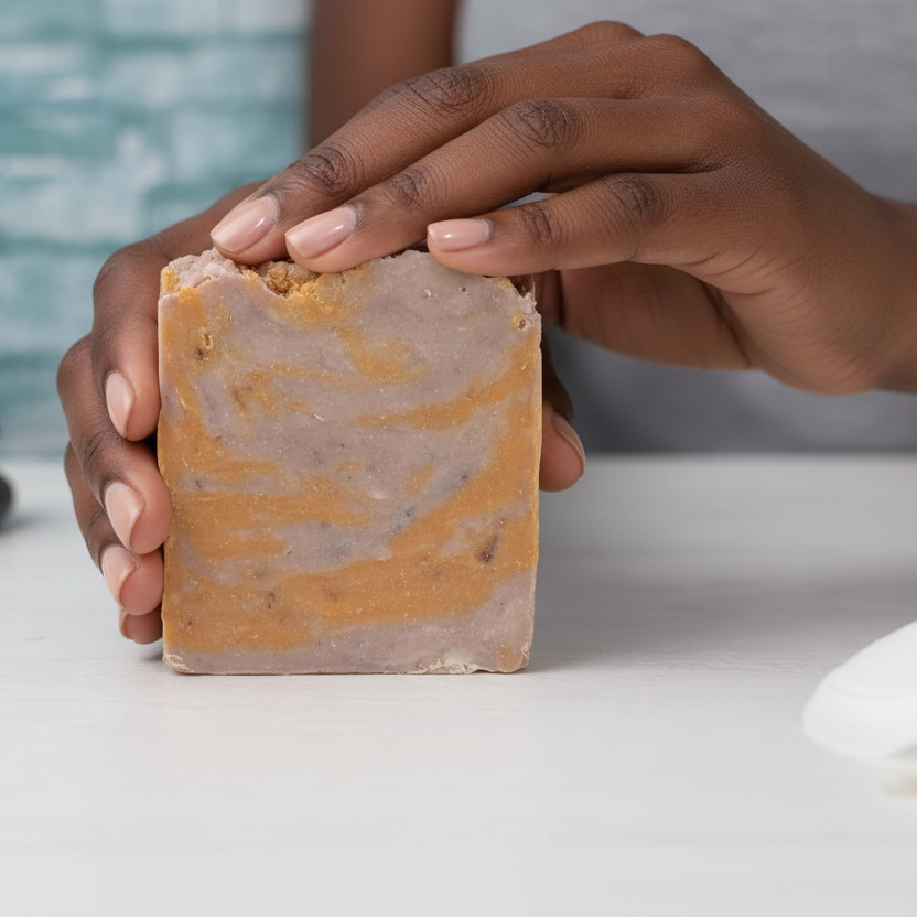 Black woman holding salted caramel soap