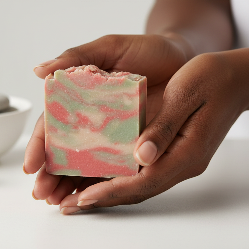 Black woman holding strawberry cream soap