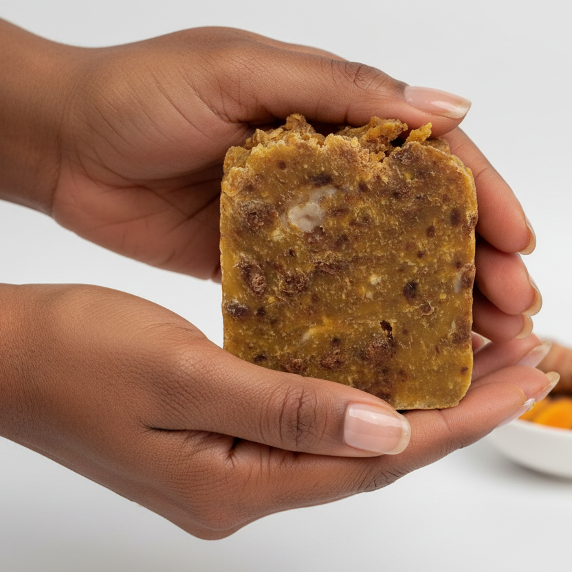 Black woman holding turmeric and African black soap