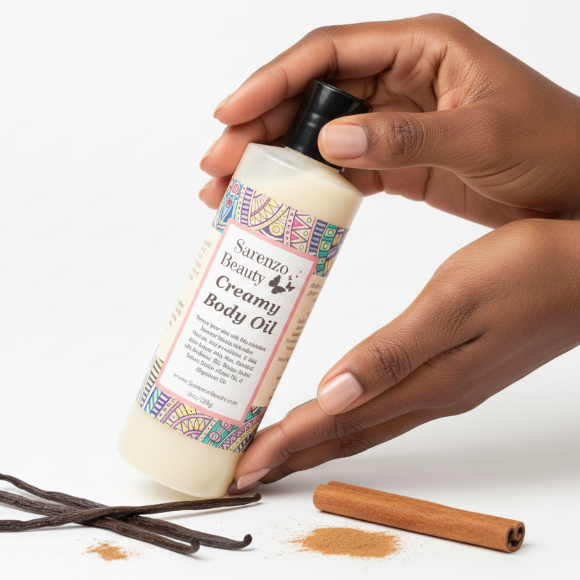 Black woman holding vanilla body oil