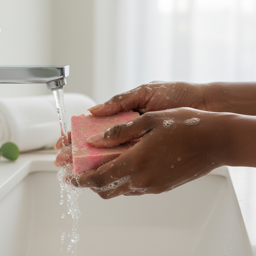 Black woman washing hands with berry champagne soap at sink