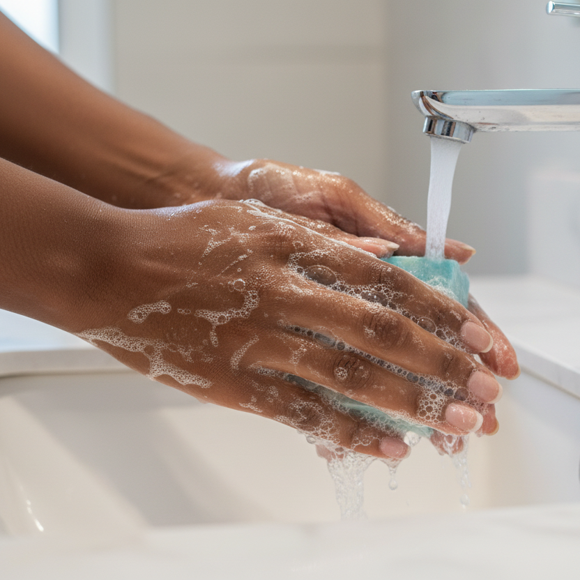 Black woman washing hands with blue Hawaiian soap at sink