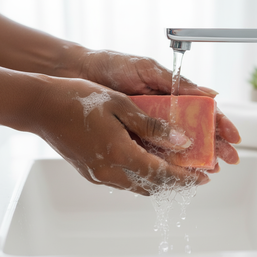 Black woman washing hands with cherry colada soap at sink