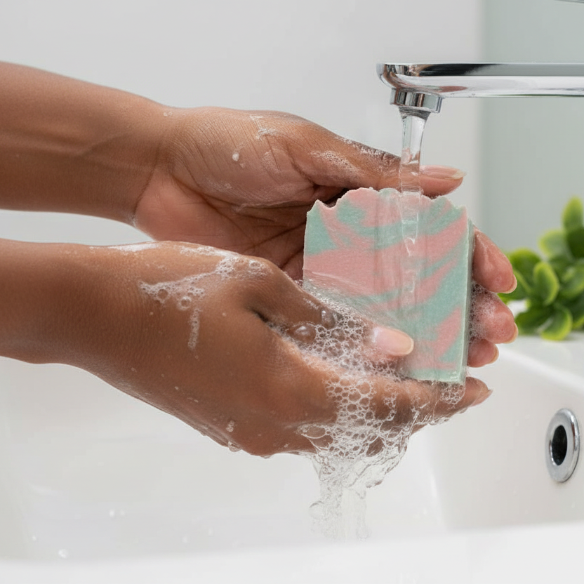 Black woman washing hands with fairy soap at sink