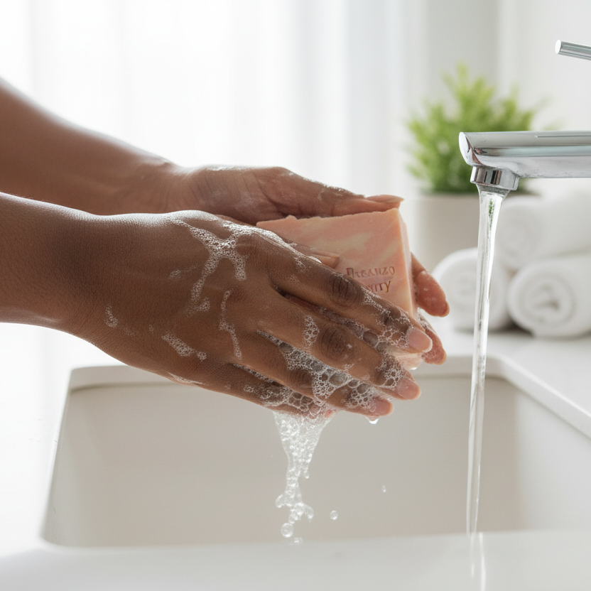 Black woman washing hands with peach and cream soap at sink