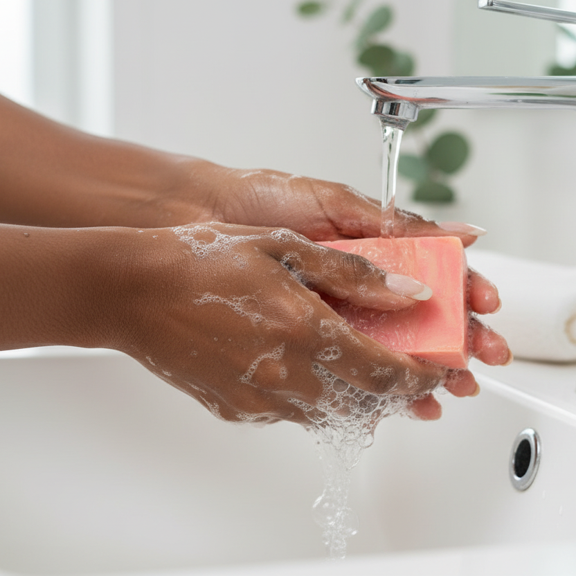 Black woman washing hands with peach champagne soap at sink