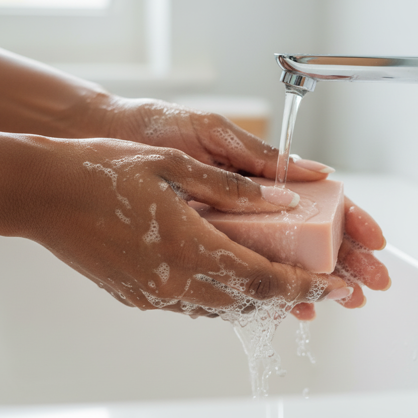 Black woman washing hands with pink soap at sink